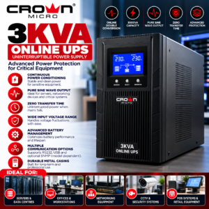 Crown Micro 3KVA (3000VA) Online UPS – High-Performance Uninterruptible Power Supply with Double Conversion Technology, Pure Sine Wave Output & Advanced Power Protection
