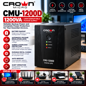Crown Micro CMU-1200D 1200VA/720W (1.2KVA) UPS with Built-in AVR, Durable Metal Casing, Surge Protection & Reliable Battery Backup