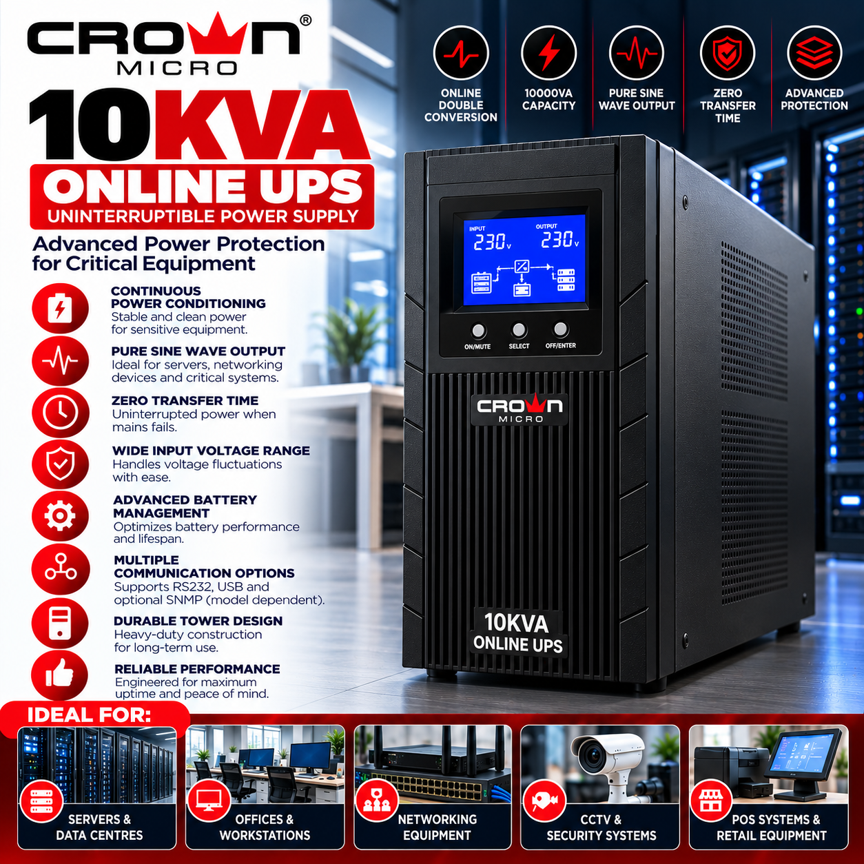 Crown Micro 10KVA (10000VA) Online UPS – High-Capacity Uninterruptible Power Supply with Double Conversion Technology, Pure Sine Wave Output & Advanced Power Protection