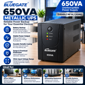 Bluegate 650VA Metallic UPS – Uninterruptible Power Supply with Durable Metal Casing, Reliable Battery Backup & Power Protection for Home and Office