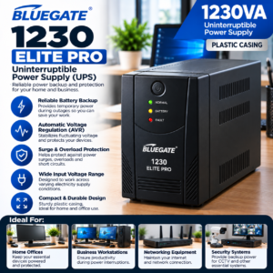 Bluegate 1230 Elite Pro UPS 1200VA with Durable Plastic Casing – Reliable Battery Backup & Power Protection for Home and Office