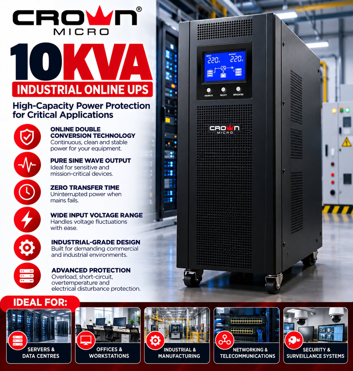 Crown Micro 10KVA (10000VA) Industrial Online UPS – Heavy-Duty Uninterruptible Power Supply with Double Conversion Technology, Pure Sine Wave Output & Advanced Power Protection