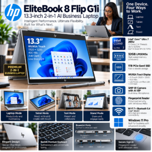HP EliteBook 8 Flip G1i 13.3-Inch AI Business Laptop – Intel Core Ultra 7 265U, 32GB RAM, 1TB SSD, Windows 11 Pro
