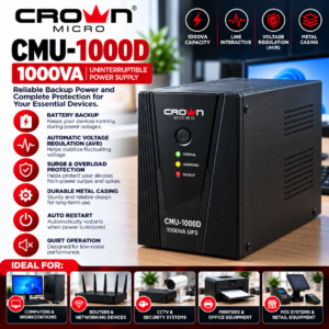 Crown Micro CMU-1000D 1000VA/600W (1KVA) UPS with Built-in AVR, Durable Metal Casing, Surge Protection & Reliable Battery Backup