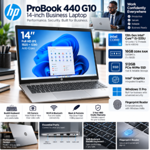 HP ProBook 440 G10 Business Laptop – Intel Core i5-1335U, 16GB RAM, 512GB SSD, Windows 11 Pro